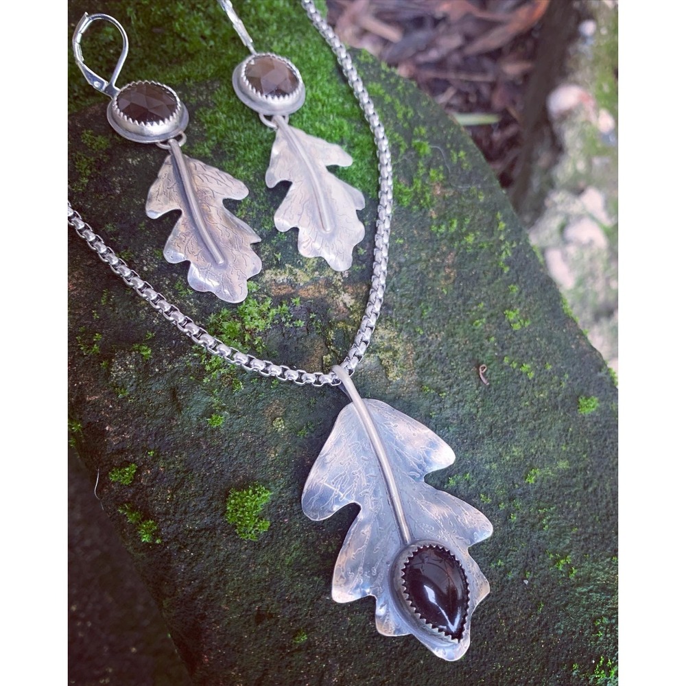 Handmade Sterling Silver Leaf Jewelry Set | Smoky Quartz Pendant Earrings